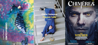 couvertures des Contes Hybrides de Davoust, de Pauvre folle de Delaume et du magazine Chimères