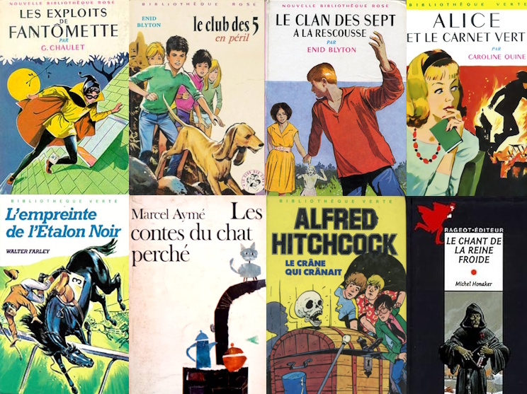 on voit sur l'image les couvertures de séries que j'ai adorées : fantômette, le club des cinq, le clan des sept, alice détective, l'étalon noir, les contes du chat perché, alfred hitchcock présente et le commandeur